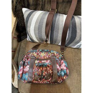 Oilily Purse Satchel Handbag Brown Pink Blue‎ Flowers Hippie Chic Boho